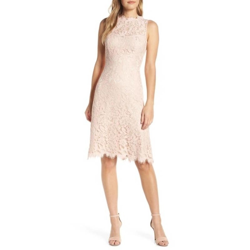 𝅺eliza J High Neck Lace Sheath Dress in Blush Size 8 EUC - Picture 2 of 9